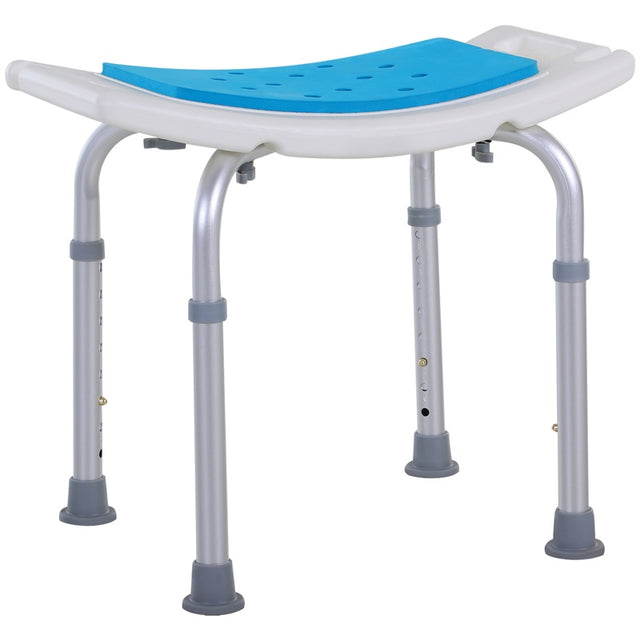 HOMCOM 6-Level Height Adjustable Aluminium Bath Room Stool Chair Shower Non-Slip Design w/ Padded Seat Drainage Holes Foot Pad, Blue