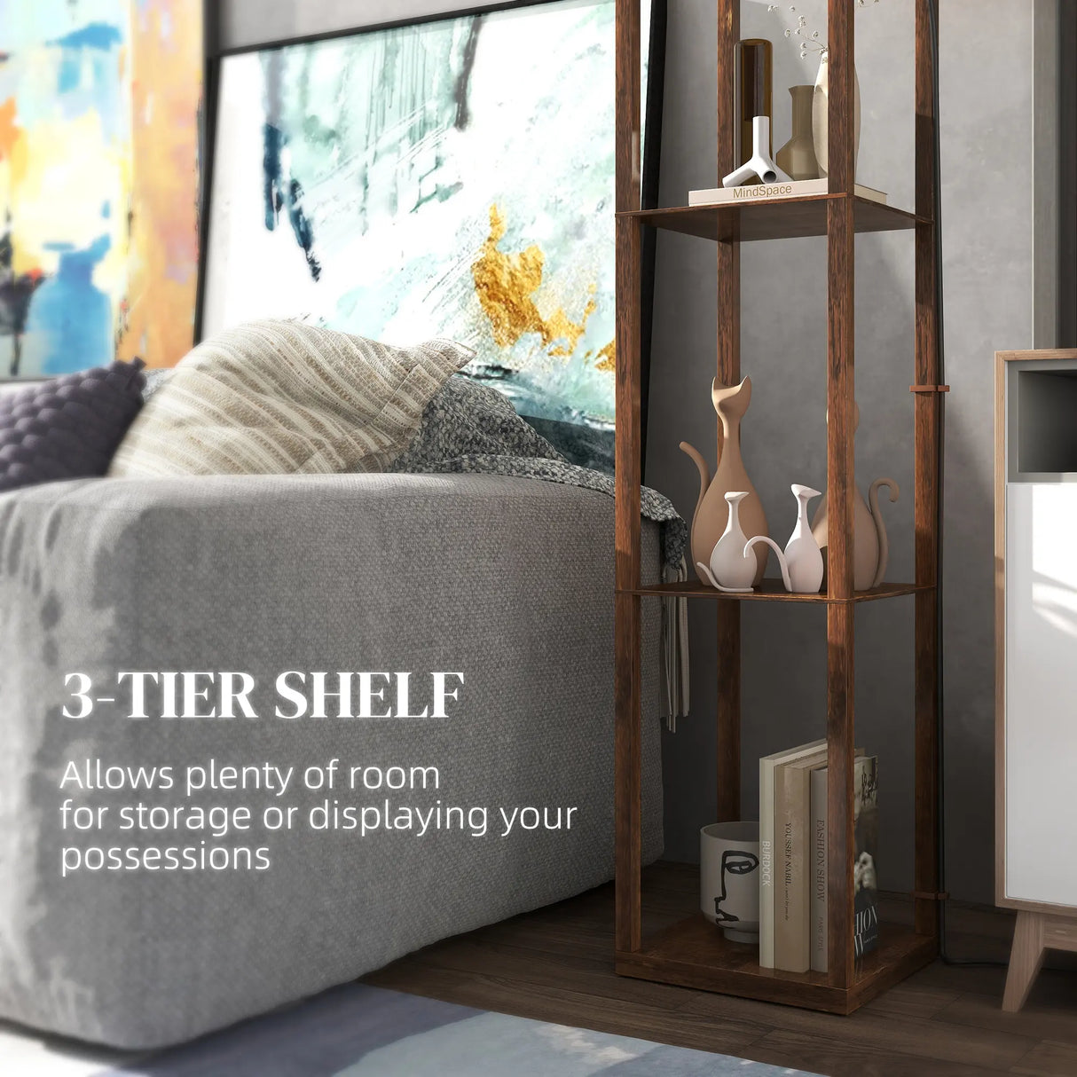 HOMCOM Three-Shelf Standing Lamp - Rustic Brown/White