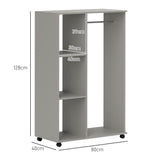 HOMCOM Open Wardrobe on Wheels, Bedroom Wardrobe with Clothes Hanging Rail, 3 Storage Shelves, Mobile Garment Rack for Cloakroom, Hallway, Grey