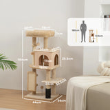 PawHut 132cm Cat Tree w/ Scratching Posts, Pad, Cat Bed, Cat House, Jumping Platform, Grooming Brush, Anti-Tip Kit, Beige