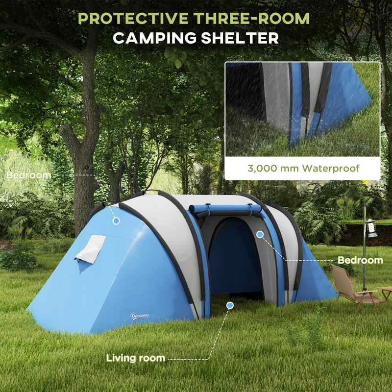 Outsunny Two-Man Tent, with Bedrooms, Living Room and Canopy - Blue