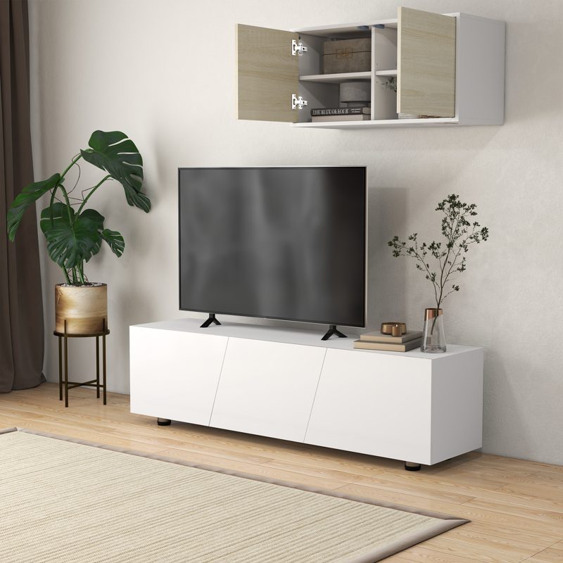 HOMCOM High Gloss TV Unit, 160cm TV Stand Cabinet for TVs up to 70" with Storage Shelf and Cable Management for Living Room, White