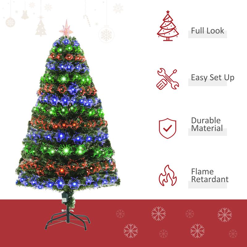 HOMCOM 5 Feet Prelit Artificial Christmas Tree with Multi-Coloured Fiber Optic LED Light, Holiday Home Xmas Decoration, Green