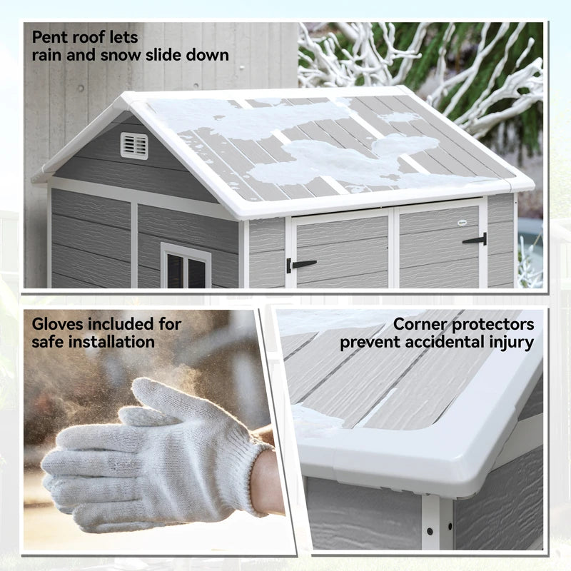 Outsunny 6 x 6ft Garden Shed with Floor, Window, Lockable Doors and Vents, Wood Effect Resin Tool Shed for Outdoor Patio, Grey
