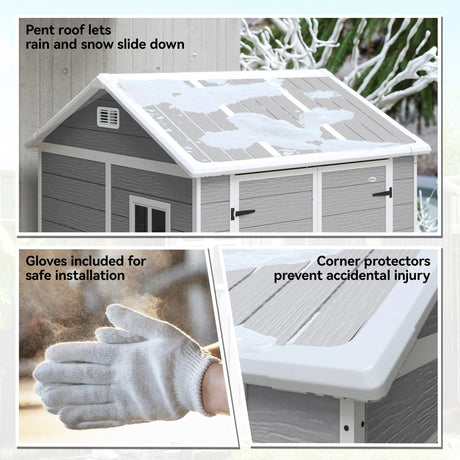 Outsunny 6 x 6ft Garden Shed with Floor, Window, Lockable Doors and Vents, Wood Effect Resin Tool Shed for Outdoor Patio, Grey