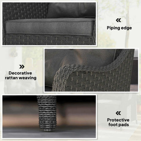 Outsunny Rattan Garden Chairs Set of 2, Outdoor Rattan Chairs with Cushions, Armrests and High Back, PE Wicker Garden Armchair with Steel Frame for Balcony, Porch, Dark Grey