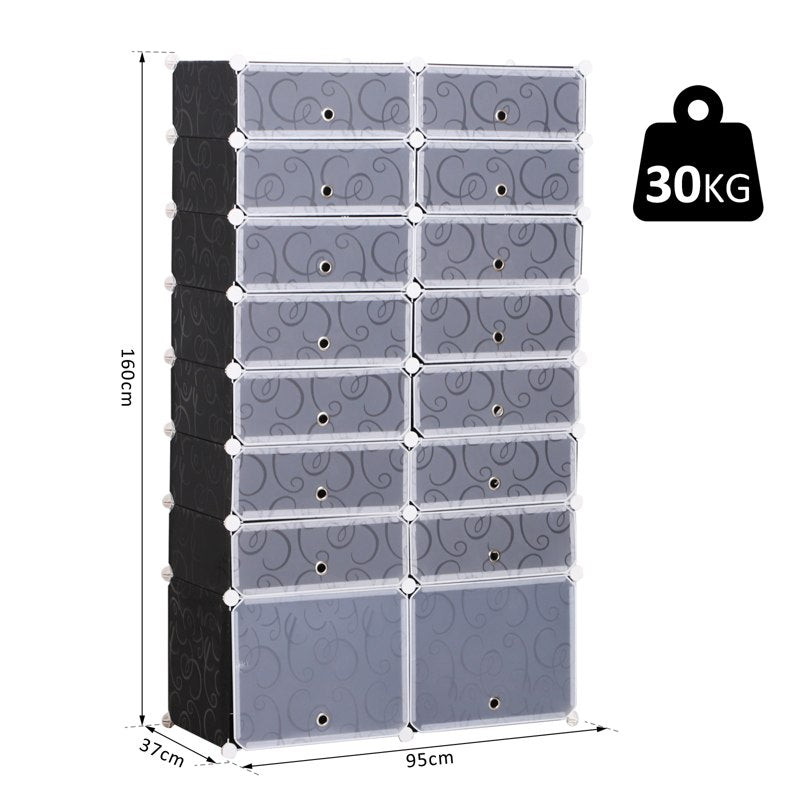 HOMCOM 16 Cube Shoe Rack, 2 x 8 Tier Shoe Storage Cabinet, Modular Plastic Shelves for Bedroom, Living Room and Entryway, Space Saving Footwear Organizer, 32 Pairs, White and Black