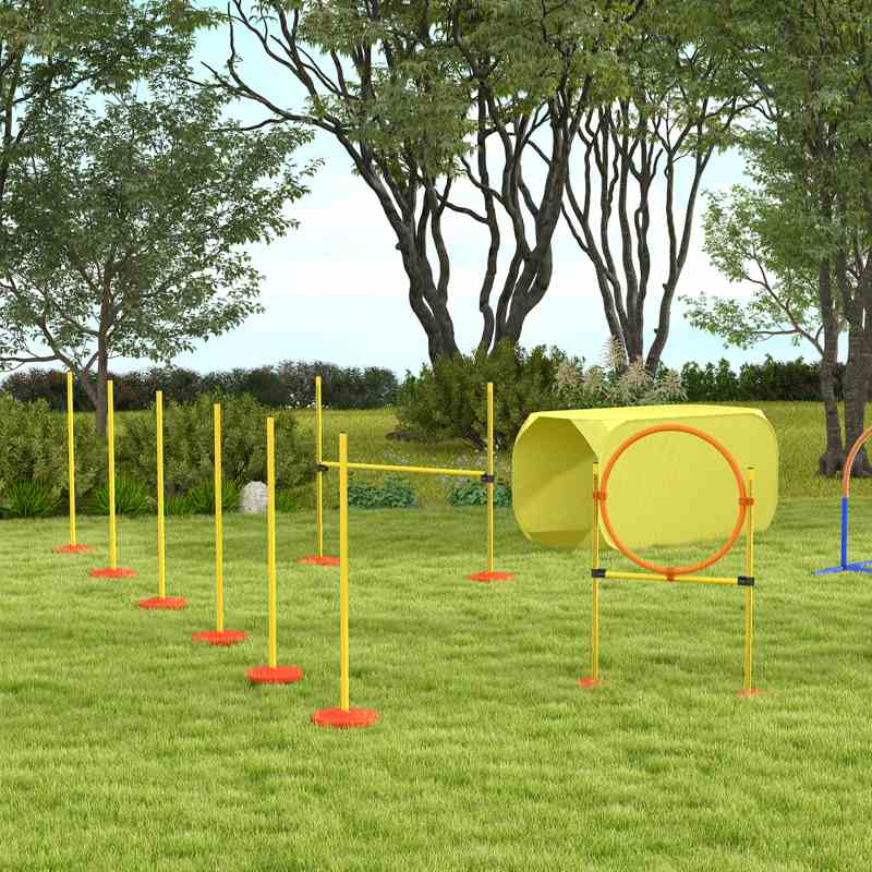 Pawhut Dog Agility Equipment Portable Pet Training Obstacle Set for Dogs 5 Pieces w/ Adjustable High Jumping Pole, Jumping Ring, Weave Poles, Tunnel