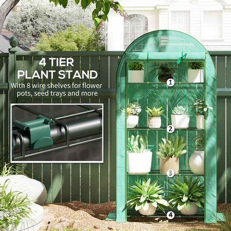 Outsunny 4 Tier Mini Greenhouse with Reinforced PE Cover, Portable Small Greenhouse with Roll-Up Door, 105 x 45 x 160cm, Green