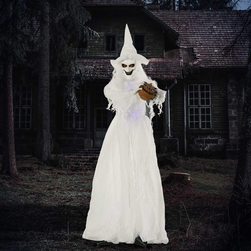 Outsunny 74 Inch Halloween Decorations White Witch Holding Pumpkin Head, Standing Skeleton Ghost Prop Life Size with Light Up Eyes and Body