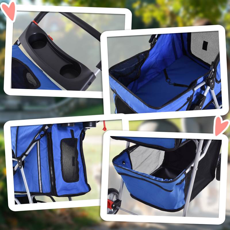 PawHut Pet Stroller for Small Miniature Dogs Cats Foldable Travel Carriage with Wheels Zipper Entry Cup Holder Storage Basket Blue