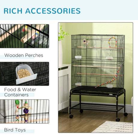 PawHut Large Bird Cage Budgie Cage with Stand, Toys, Wheels, Accessories, Storage Shelf for Canaries, Finches, Lovebirds, Parakeets - Black, 79 x 49 x 133 cm