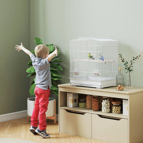 PawHut Large Metal Bird Cage with Perches, Food Bowls, Swing, for Budgies, Parakeets, White