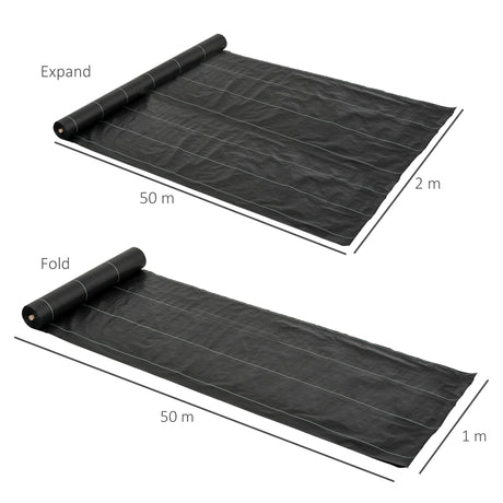 Outsunny 2m x 50m Weed Control Membrane, Heavy Duty Weed Control Barrier Fabric, 90gsm Ground Cover for Patios, Garden, Flower beds, Landscaping