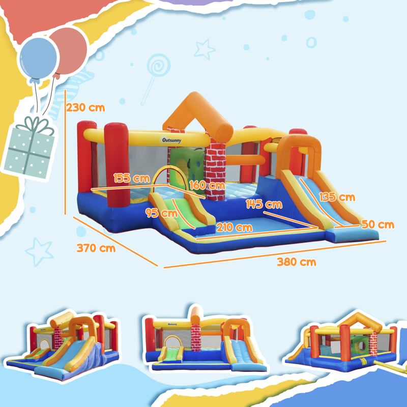 Outsunny 4 in 1 Kids Bouncy Castle Extra Large Double Slides & Trampoline Design Inflatable House Pool Climbing Wall with Blower Carrybag for Kids Age 3-8, 3.8 x 3.7 x 2.3m