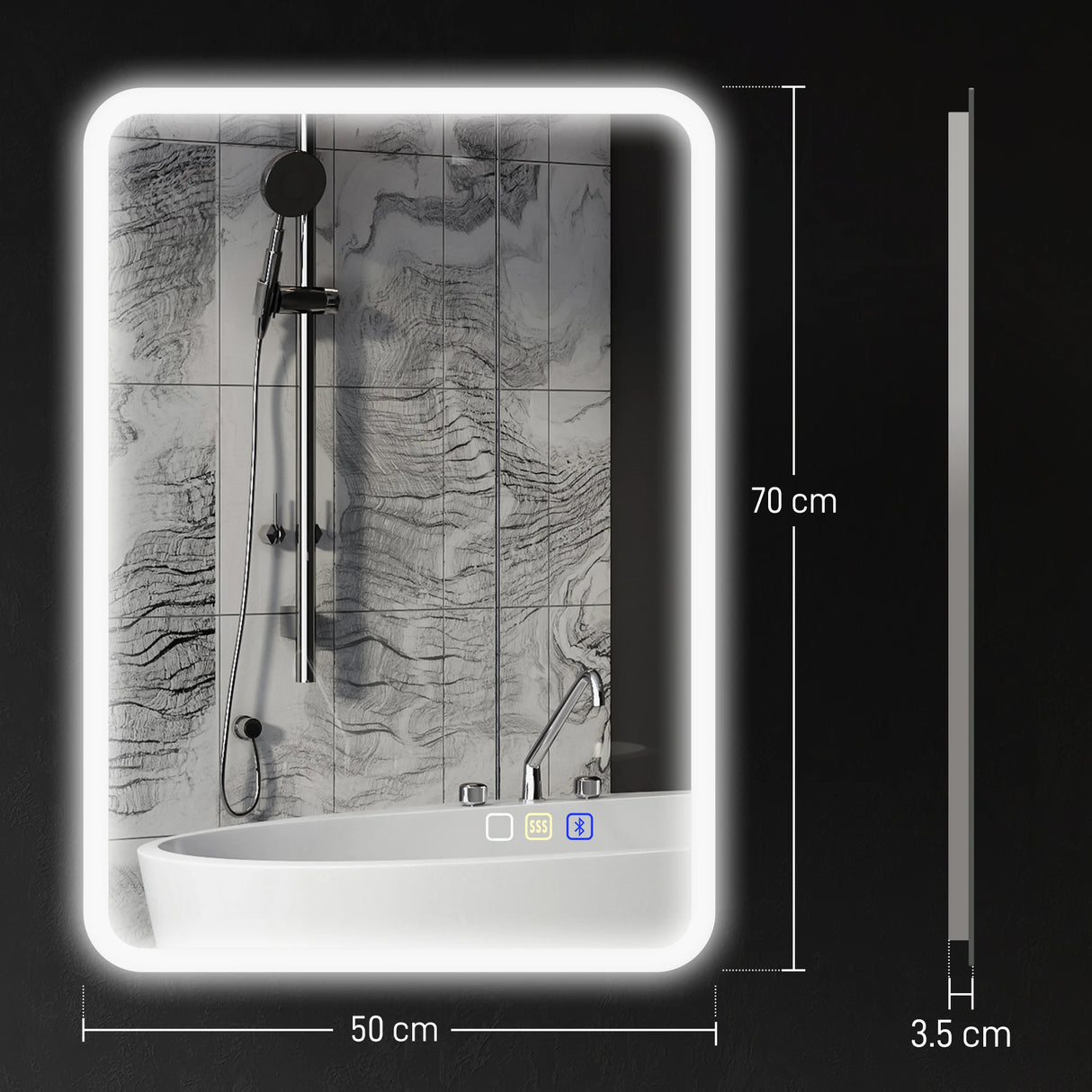 HOMCOM 70 x 50cm LED Bathroom Mirror, with Bluetooth - Silver Tone