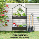 Outsunny 2 Tier Plant Stand, Outdoor Indoor Metal Plant Stand with Hook, House-Shaped Pots Holder Display Rack, Black