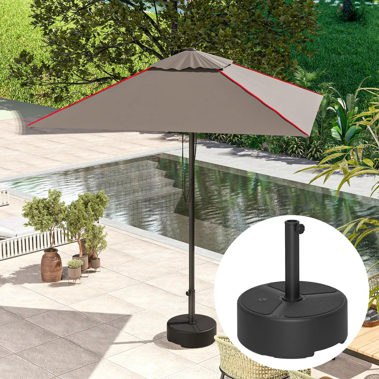 Outsunny Round Garden Parasol Base, Garden Umbrella Stand Heavy Duty Parasol Base, Filled Up to 20kg with Stand or 18kg with Water for 38, 48 mm Poles, Black