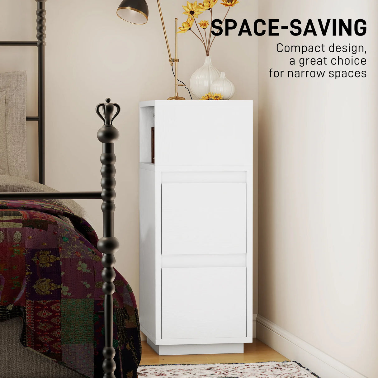 HOMCOM Slim Bedside Table, Narrow Bedside Cabinet with Open Shelf and 2 Drawers for Bedroom, Living Room, White