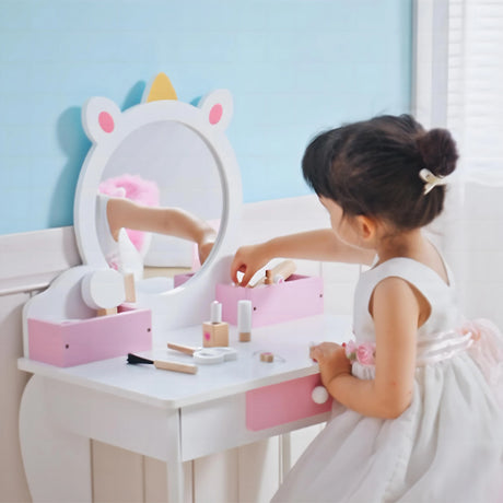 ZONEKIZ Unicorn-Design Kids Dressing Table, with Mirror and Stool - White