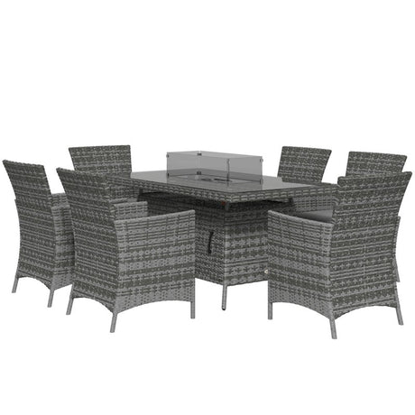 Outsunny 7 Pieces Outdoor Rattan Garden Furniture with Fire Pit Table, 6 Seater Garden Table and Chairs with Cushions, Rattan Dining Set with Propane Heater Table, Windscreen, 50,000 BTU, Grey