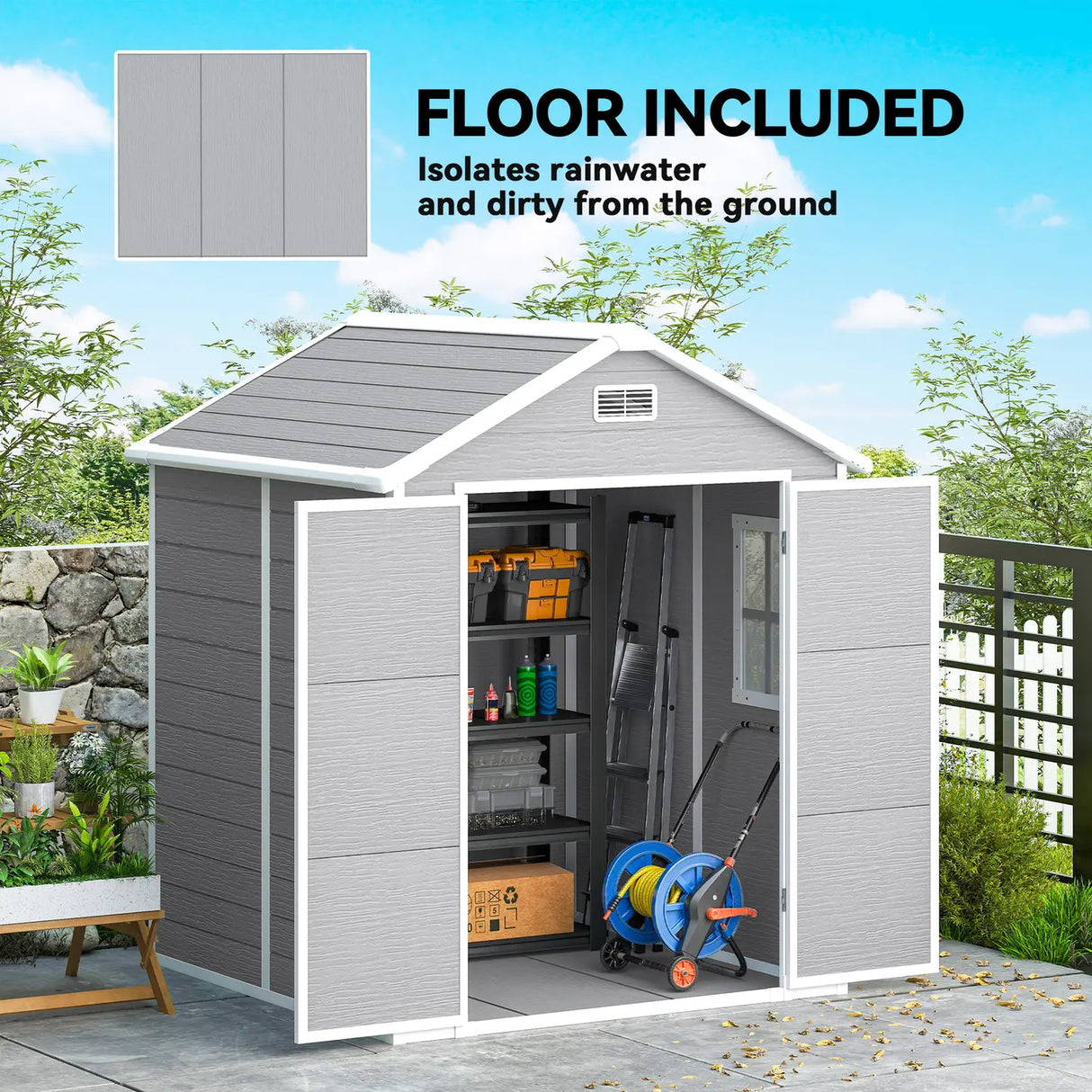 Outsunny 6 x 5ft Garden Shed, Plastic Shed with Floor, Window, Lockable Doors and Vents, Wood Effect Resin Tool Shed for Outdoor Patio, Dark Grey