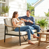 Outsunny 2 Seater Rattan Sofa, Outdoor Garden Sofa with Wood-Effect Armrests, Cushions for Patio, Balcony, Khaki