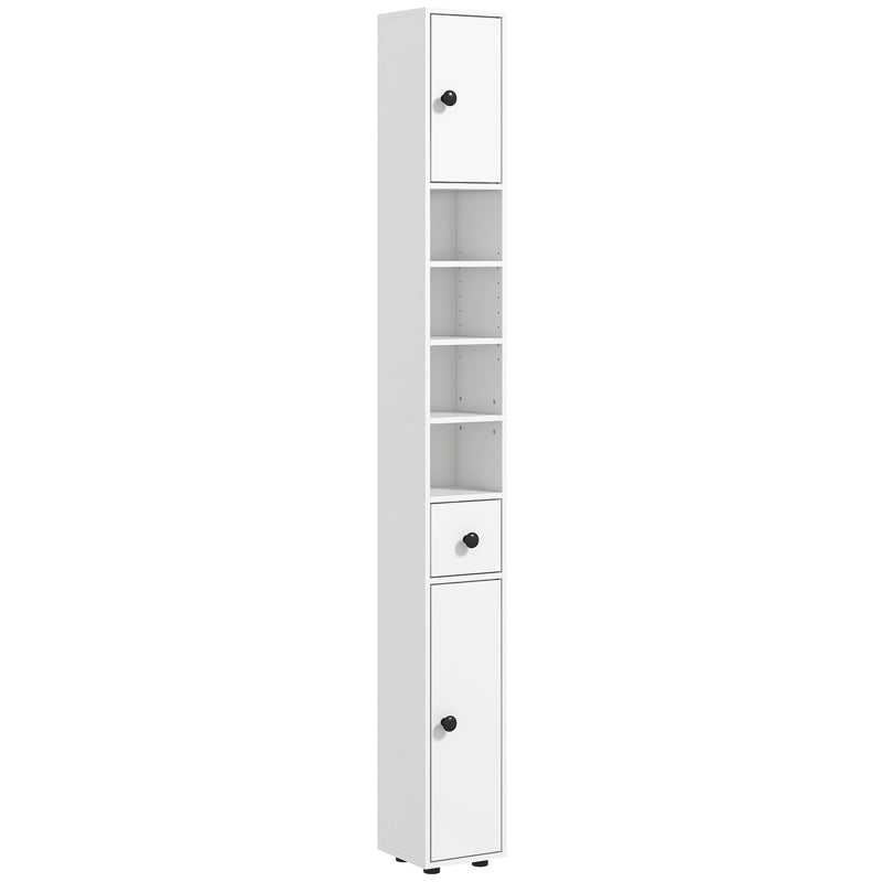 kleankin 180cm Tall Bathroom Cabinet, Slim Bathroom Storage Cabinet with 4 Open Shelves, 2 Door Cupboards and Adjustable Shelves, White