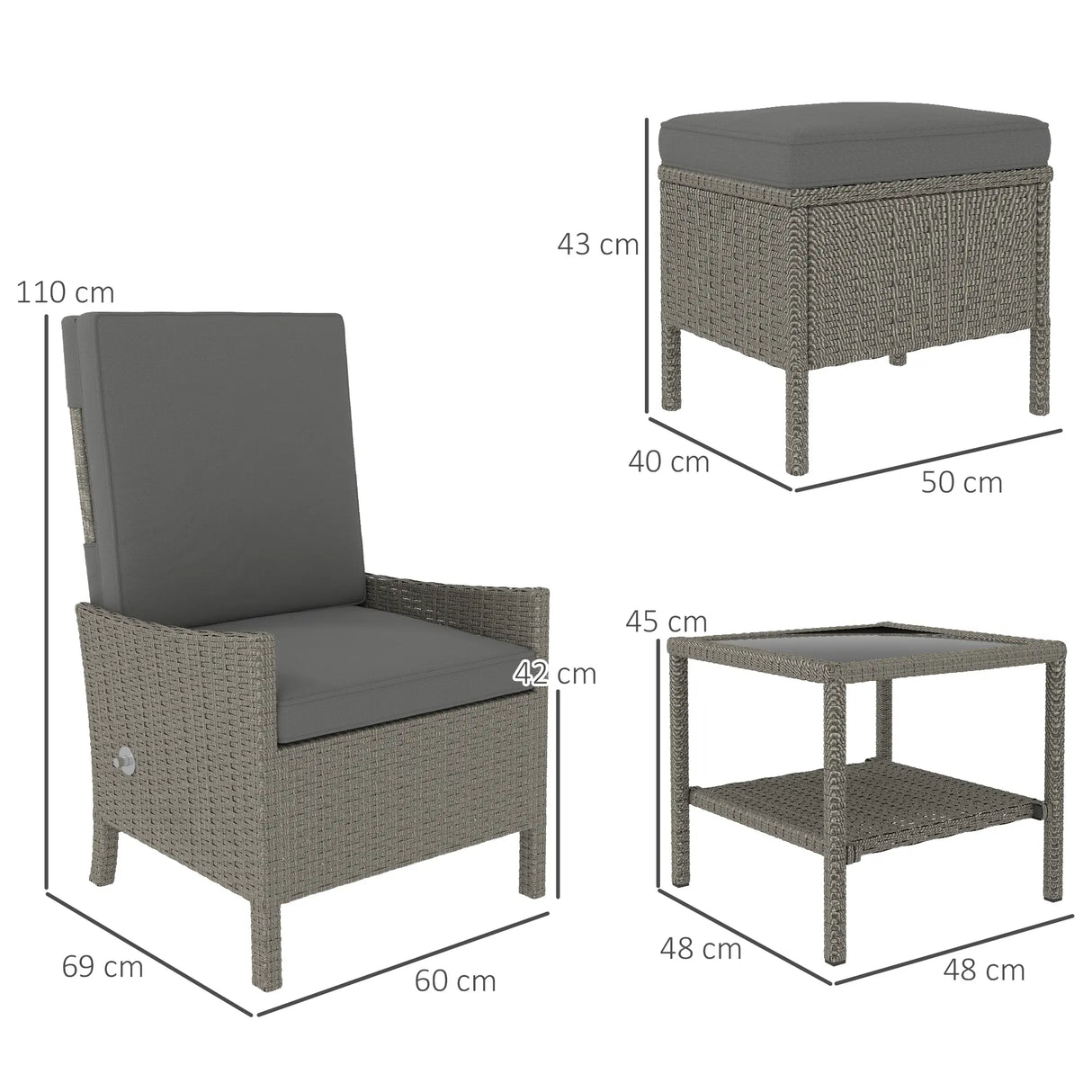Outsunny 5 Piece Rattan Garden Furniture Set, Wicker Patio Sofa Set with 2 Armchairs, 2 Footstools, Glass Top Coffee Table with Shelf, Outdoor Furniture with Adjustable Backrests, Cushions, Dark Grey