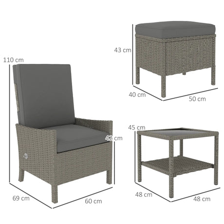 Outsunny 5 Piece Rattan Garden Furniture Set, Wicker Patio Sofa Set with 2 Armchairs, 2 Footstools, Glass Top Coffee Table with Shelf, Outdoor Furniture with Adjustable Backrests, Cushions, Dark Grey