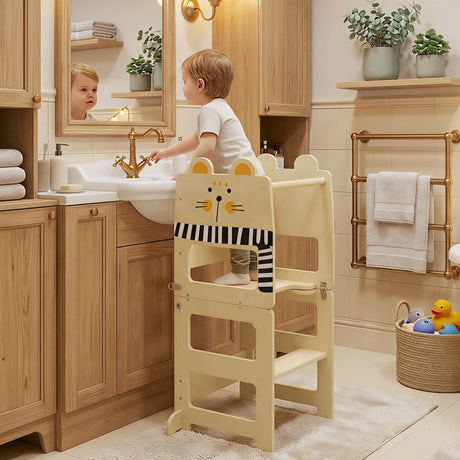 AIYAPLAY Toddler Step Stool, Standing Tower with Chalkboard, 3-in-1 Cat-Shaped Step Stool for Kitchen Counter, Natural