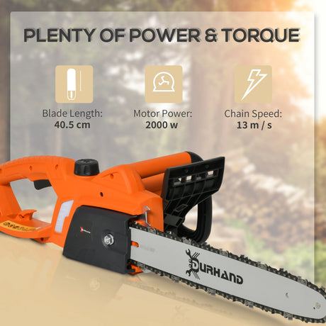 DURHAND 2000W Powerful Electric Chainsaw, 16" Aluminium Blade Portable Corded Chain Saw, 7250rpm Chain Saw for Garden Tree Pruning, 13m/s Chain Speed Auto Chain Lubrication to Cut Wood, Orange