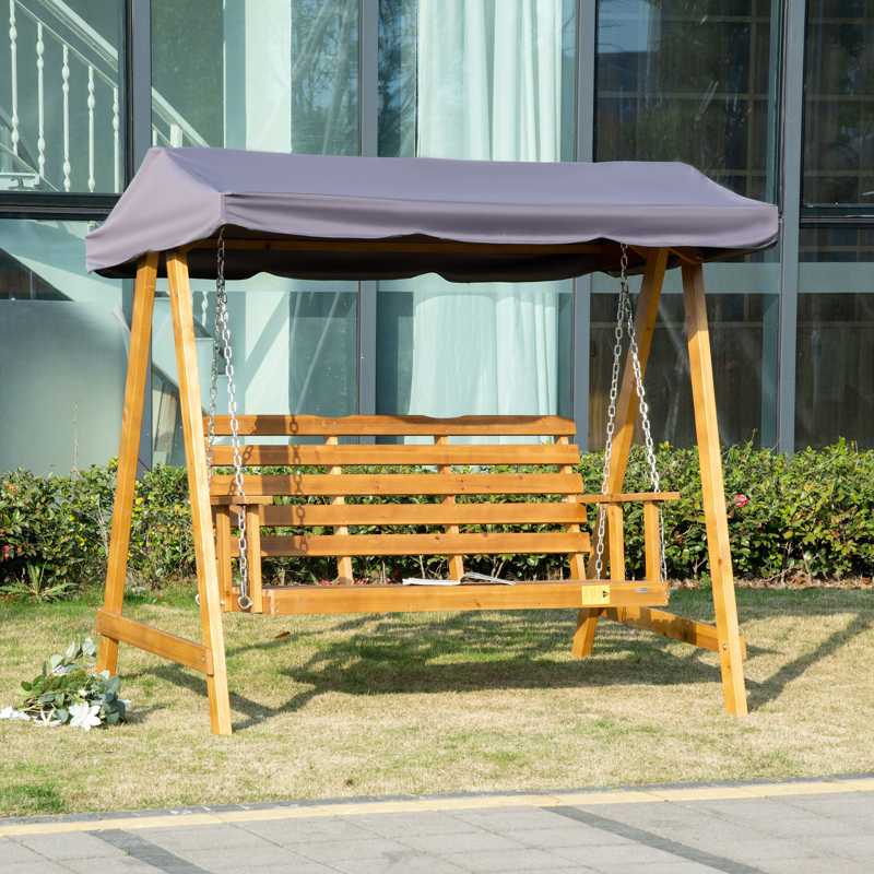 Outsunny 3 Seater Garden Swing Seat Swing Chair Outdoor Wooden Swing Bench Hammock with Adjustable Canopy