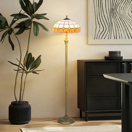 HOMCOM Tiffany-Style Floor Lamp with Handcrafted Stained Glass Shade, 152cm Tall Vintage Standing Lamp with Foot Switch and Dual Sockets for Living Room Bedroom, Bronze Tone and Orange