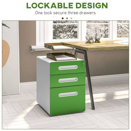 Vinsetto 3 Drawer Filing Cabinet, Steel Lockable File Cabinet with Lock and Wheels, for A4, Letter, Legal Sized Files, Green