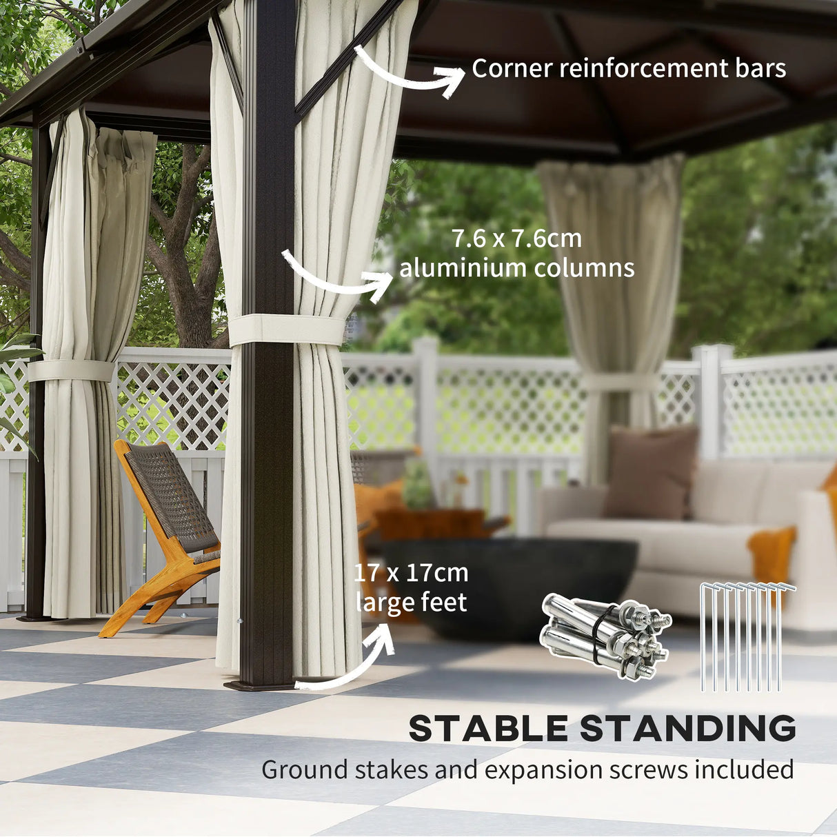 Outsunny 3 x 3(m) Hardtop Gazebo Canopy with UPF30+ Double Polycarbonate Roof, Aluminium Frame Garden Gazebo Permanent Pavilion with Mosquito Netting and Curtains for Patio, Deck, Beige