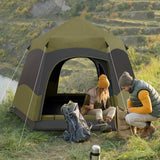 Outsunny Six Man Hexagon Camping Tent with Hang Hook and Carry Bag - Dark Green and Light Grey