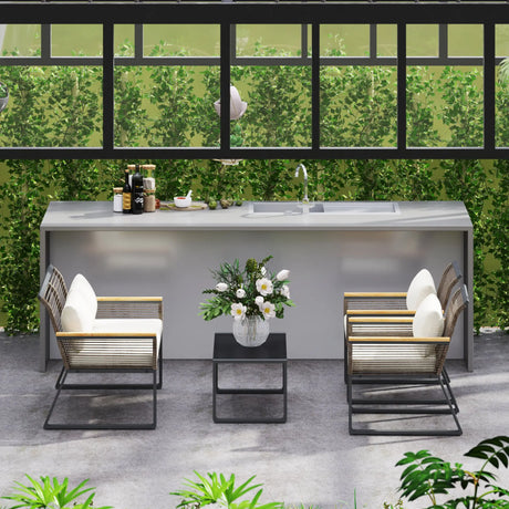 Outsunny Four Piece Wicker Rope Garden Furniture Set with Glass Top Coffee Table - Grey