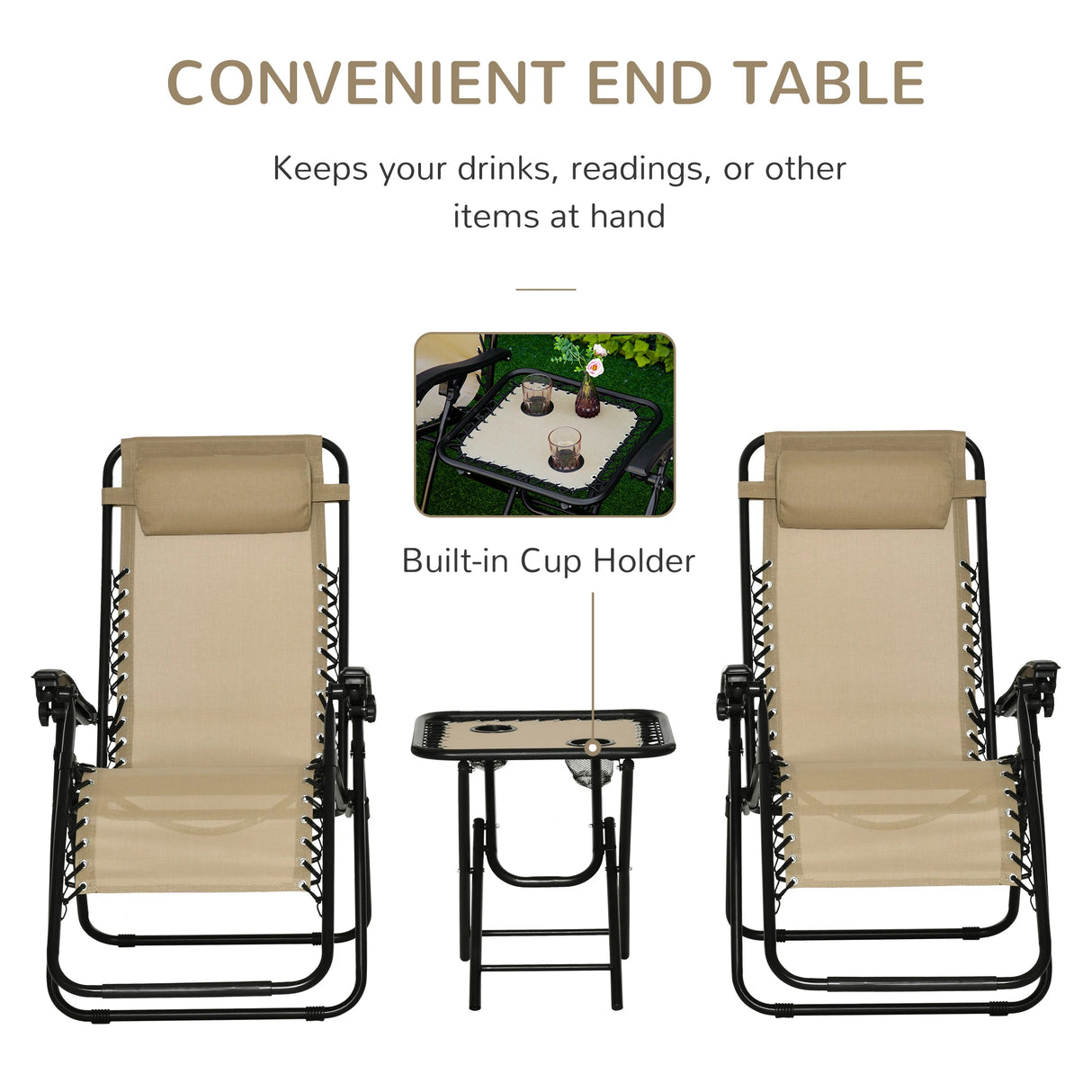 Outsunny Folding Zero Gravity Chairs, 3 Pieces Adjustable Sun Lounger and Table Set with Cup Holder and Headrest, Patio Bistro Set with Reclining Garden Chairs for Outdoor, Beige