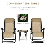 Outsunny Folding Zero Gravity Chairs, 3 Pieces Adjustable Sun Lounger and Table Set with Cup Holder and Headrest, Patio Bistro Set with Reclining Garden Chairs for Outdoor, Beige