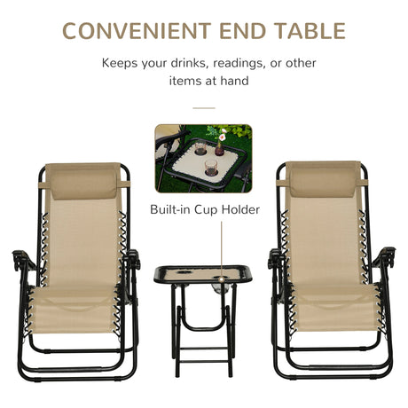 Outsunny Folding Zero Gravity Chairs, 3 Pieces Adjustable Sun Lounger and Table Set with Cup Holder and Headrest, Patio Bistro Set with Reclining Garden Chairs for Outdoor, Beige