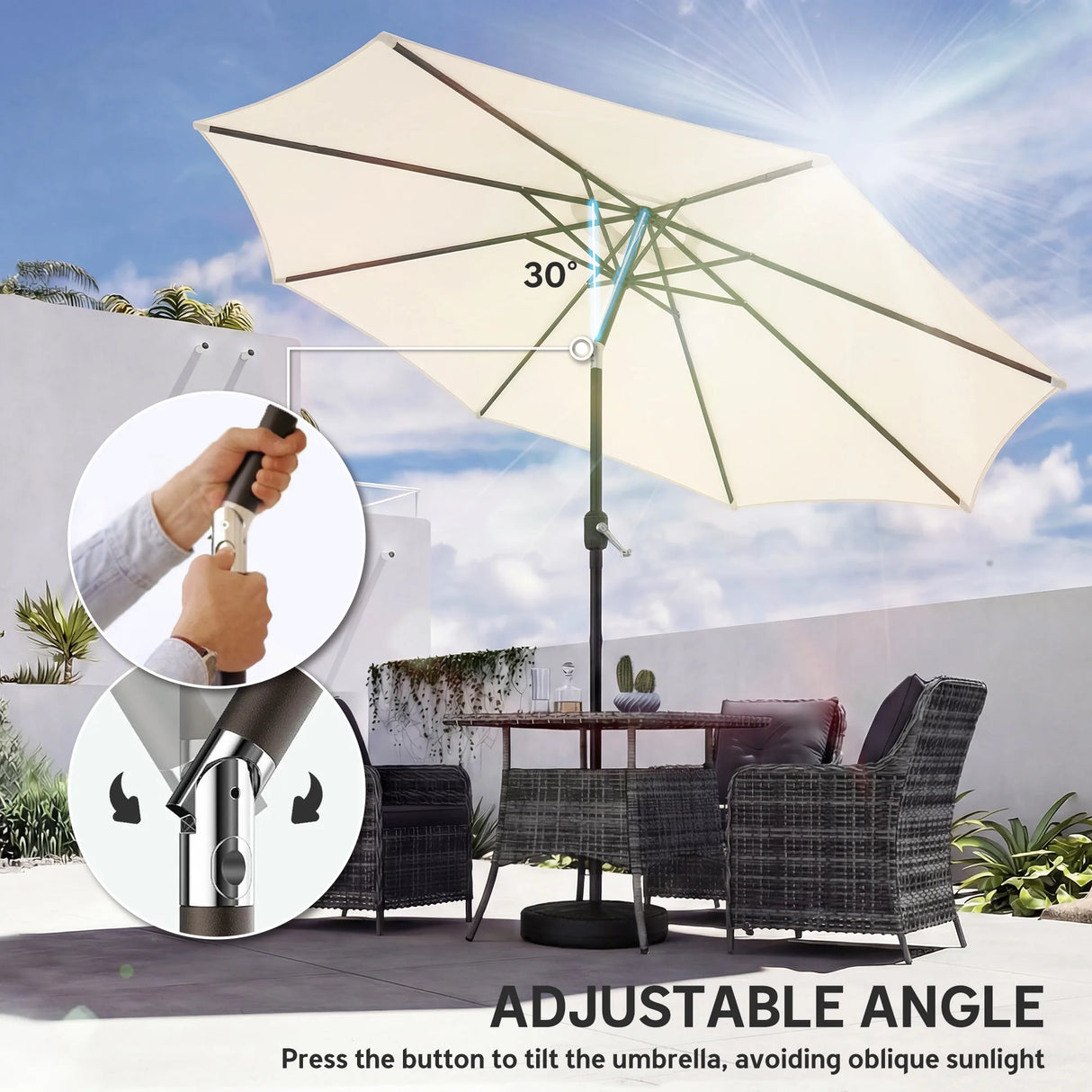 Outsunny 2.7 m Garden Parasol Umbrella with Cross Base and Sandbag, Retractable Ribs, Outdoor Table Market Umbrella, Cream White