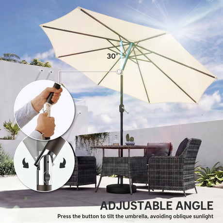 Outsunny 2.7 m Garden Parasol Umbrella with Cross Base and Sandbag, Retractable Ribs, Outdoor Table Market Umbrella, Cream White