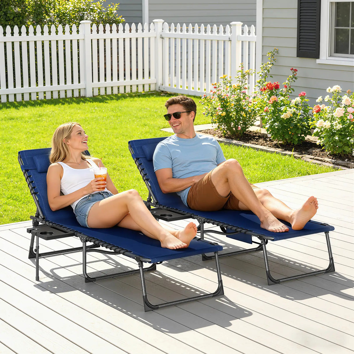 Outsunny Five-Position Reclining Sun Loungers Set of 2 - Dark Blue