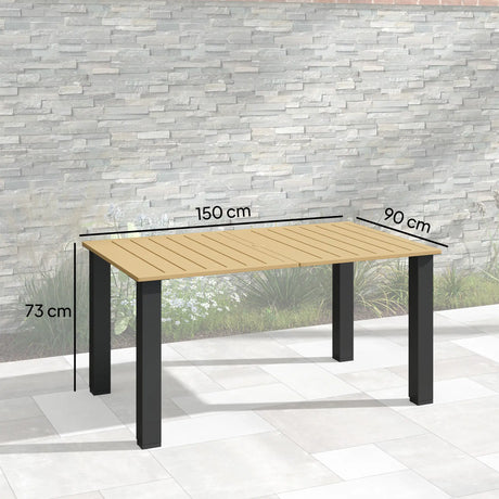 Outsunny Garden Dining Table for 6 with Parasol Hole, Rectangle Outdoor Garden Table with Slatted Metal Top, Steel Frame, Brown