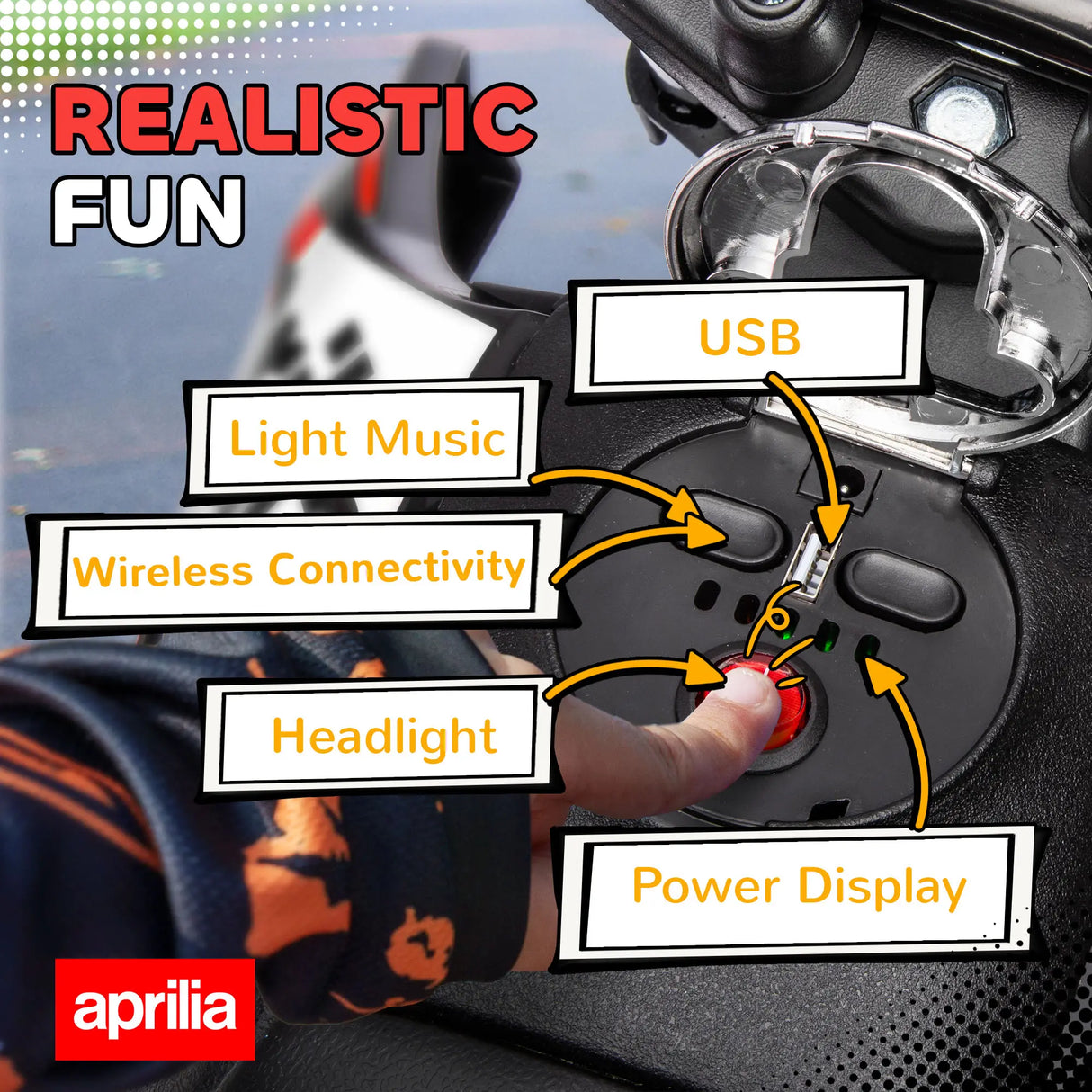 AIYAPLAY 12V Aprilia Licensed Kids Motorbike with Training Wheels, Spring Suspension, LED Headlight, USB, Music, Red/Black