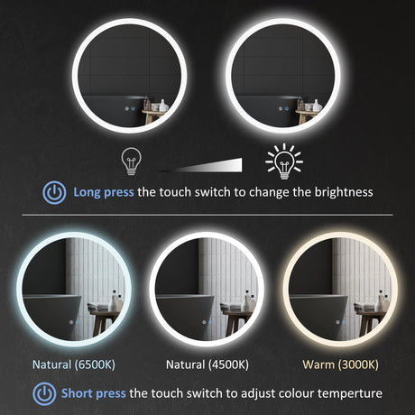 kleankin Round Bathroom Mirror with LED Lights, Wall-Mounted Dimmable Makeup Mirror with 3 Temperature Colours, Defogging Film, Memory Function, Hardwired, 60 x 60 cm