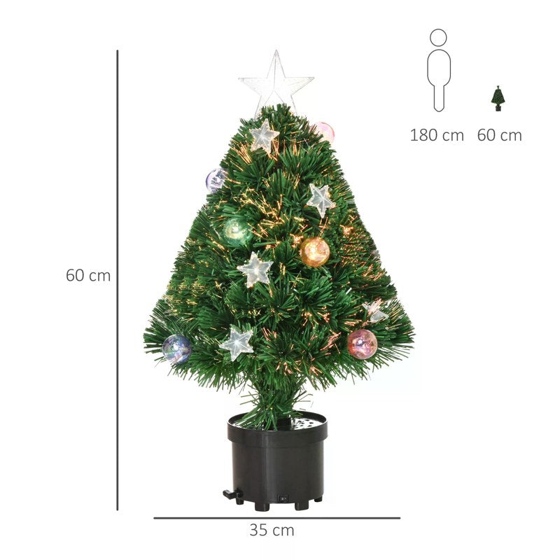 HOMCOM 2FT Pre-lit Artificial Christmas Tree Tabletop Multicoloured Fibre Optic Xmas Decoration w/ LED Lights Pot Table Desk - Green