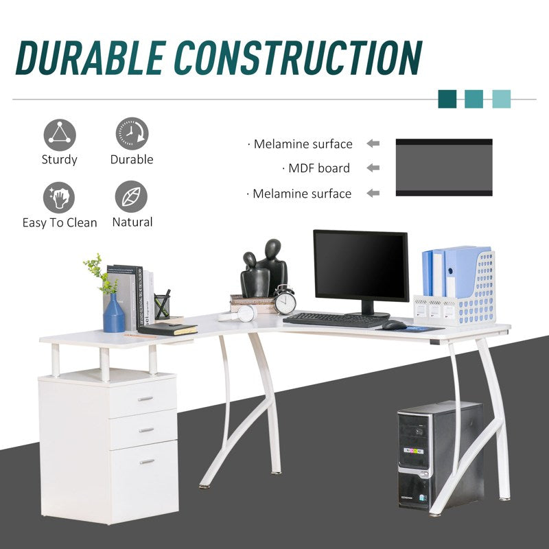 HOMCOM L-Shaped Computer Desk Table with Storage Drawer Home Office Corner Industrial Style Workstation for A4 Files 152 x 143.5 x 76cm, White