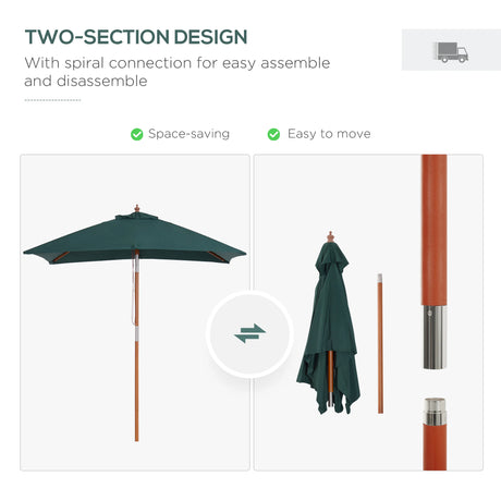 Outsunny 2m x 1.5m Garden Parasol Umbrella with Tilting Sunshade Canopy, Outdoor Market Table Umbrella with Wood and Bamboo Frame, Green